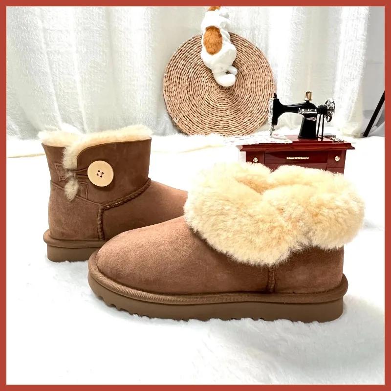 Fashion One Button Low Cut, High-end Quality 2-in-1 Genuine Leather, Real Wool, Sheepskin Fashionable and Warm Chestnut Thick Snow Boots