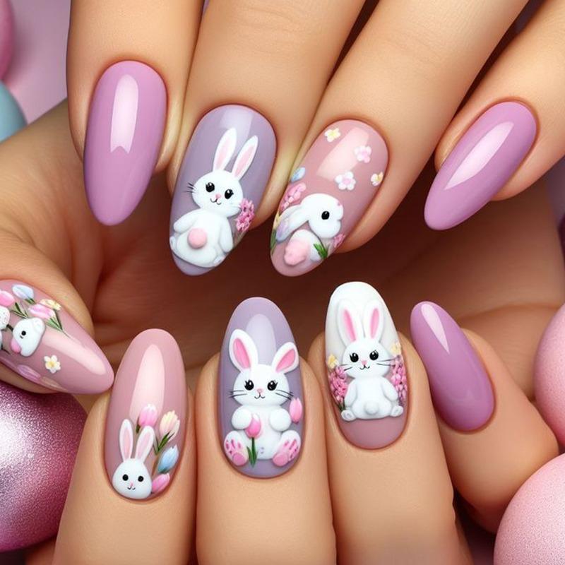 24PCS Almond Fake Nails Cute Cartoon Rabbit Simple French Purple Nail Tips Reusable Acrylic Press on Nails for Women with Charms