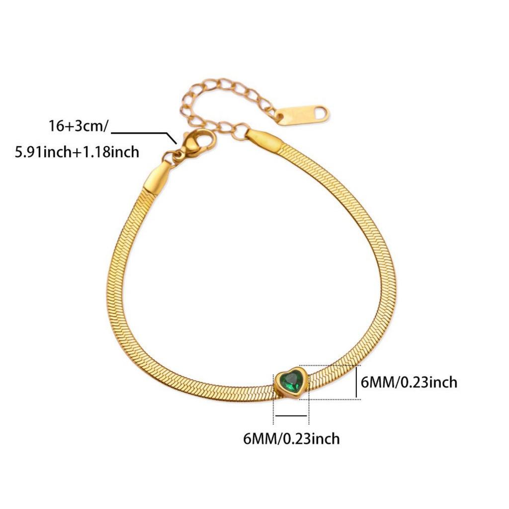 Flat Snake Chain Bracelets 18K Gold Plated 304 Stainless Steel & Rhinestone Women's Birthstone Stylish Gift Jewelry 16cm Long