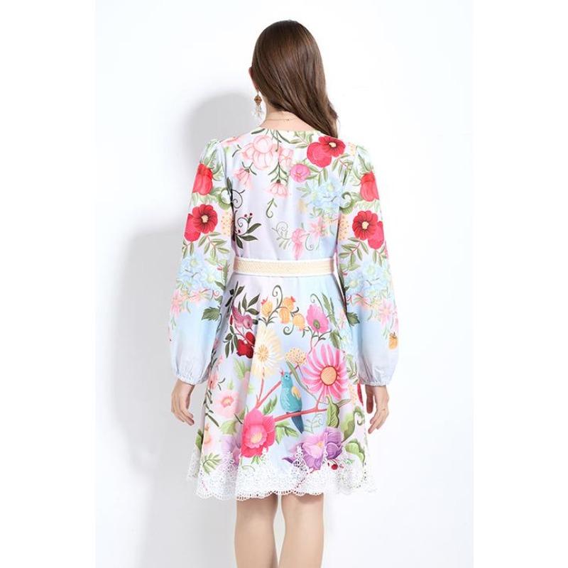 Spring Autumn Women V-neck Print Lace Patchwork Mini Short Chic Beach Holiday Dresses With Belt