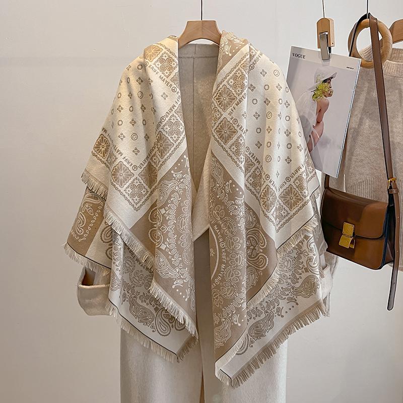 Luxury Winter Cashmere Scarf For Women - Retro Printed Shawl With Tassels, Warm Pashmina Wrap & Bandana Poncho
