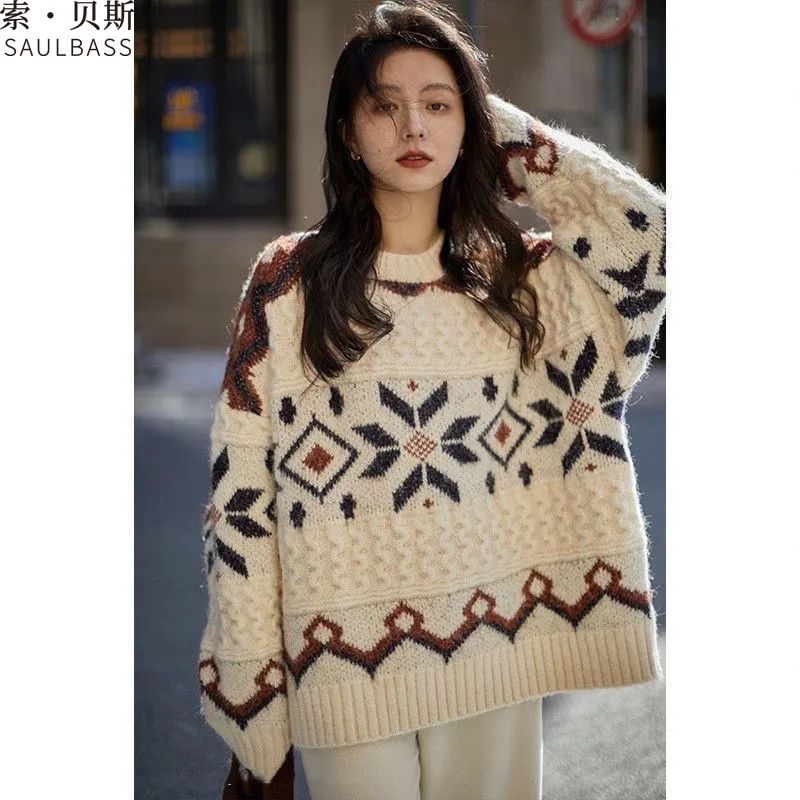 Gentle Jacquard Sweater with Thick Round Neck Knit Niche Retro Design Top