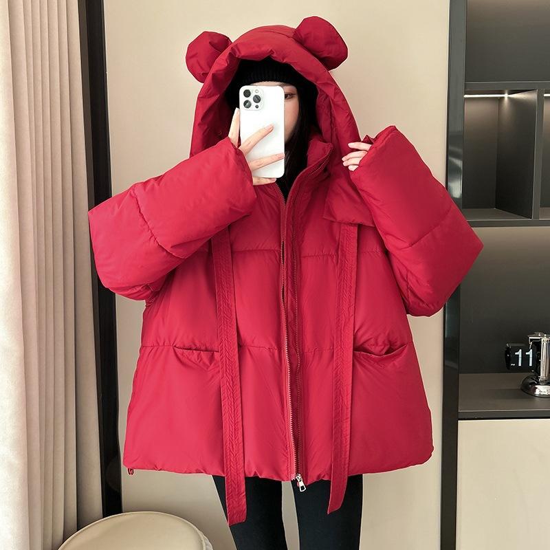 Trendy girl, small down cotton clothes to keep warm in winter, yellow hooded ears jacket design, new bear