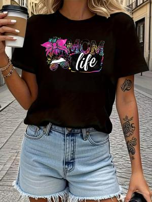 TshirtBright Pink and Multicolor Letters Casual Shortsleeved Roundneck Top Summer Mom Tshirt Machine Washable Mom Shirt