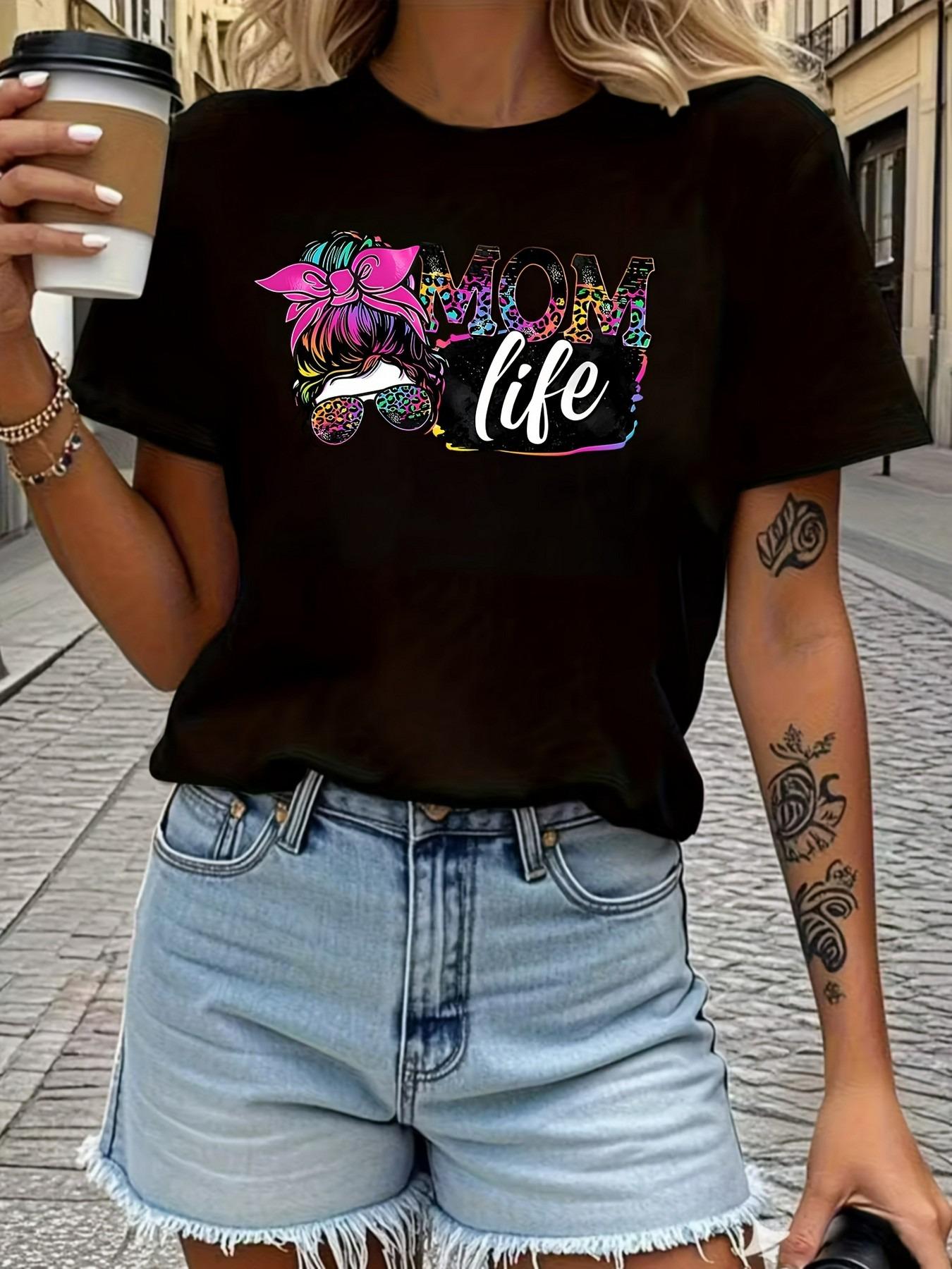 

TshirtBright Pink and Multicolor Letters Casual Shortsleeved Roundneck Top Summer Mom Tshirt Machine Washable Mom Shirt S