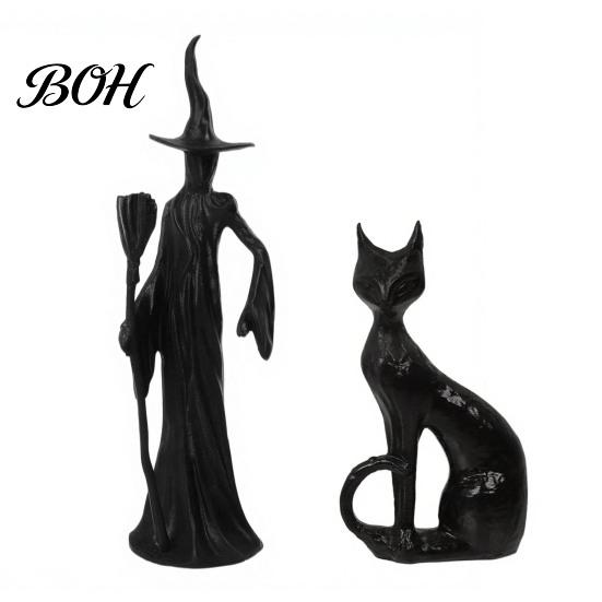 Office Desk Decoration Cute Witch Cat Resin Figurine, Halloween Garden Statue, Spooky Home Indoor Outdoor Yard Decor Ornaments for Patio Balcony