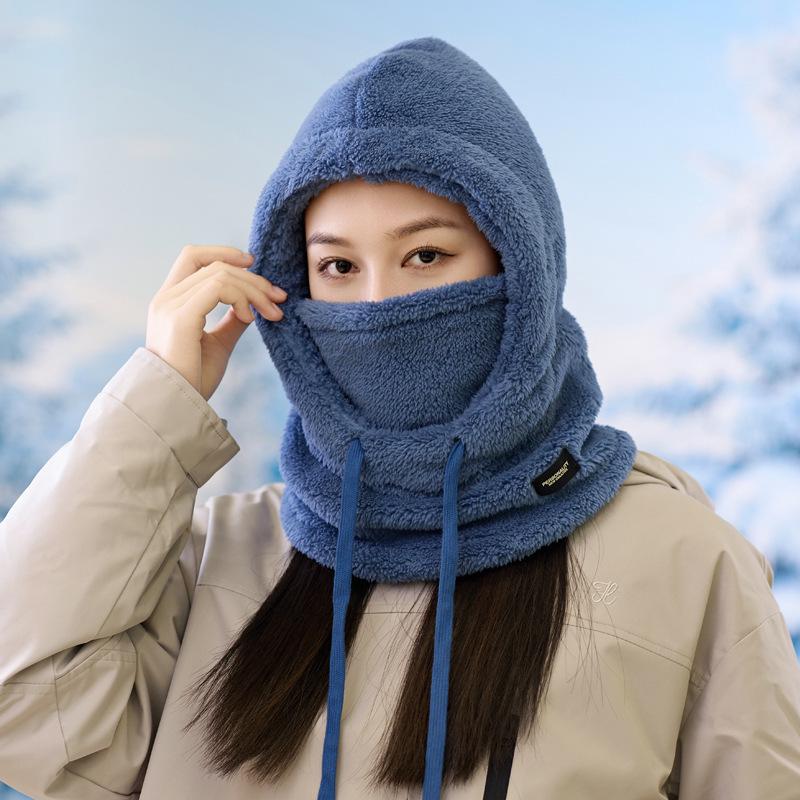 Men's Fluffy Winter Pullover Hat with Face Mask, Warm Scarf, and Velvet Windproof Ear Protection