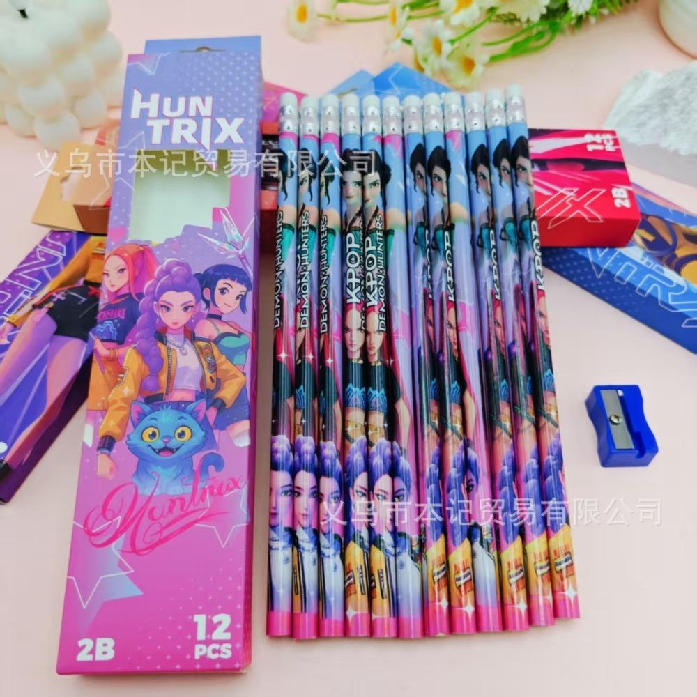 12Pcs Kpop Demon Hunters Huntrix 2B Pencils Set Wood Graphite Sketch Pencils Smooth Writing for School Office Drawing Sketching