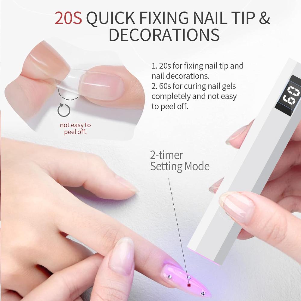 Timing Display Mini Handheld UV Light for Gel Nails, Rechargeable LED Nail Lamp with 20s/60s Timer for Flash Cures and Quick Dry