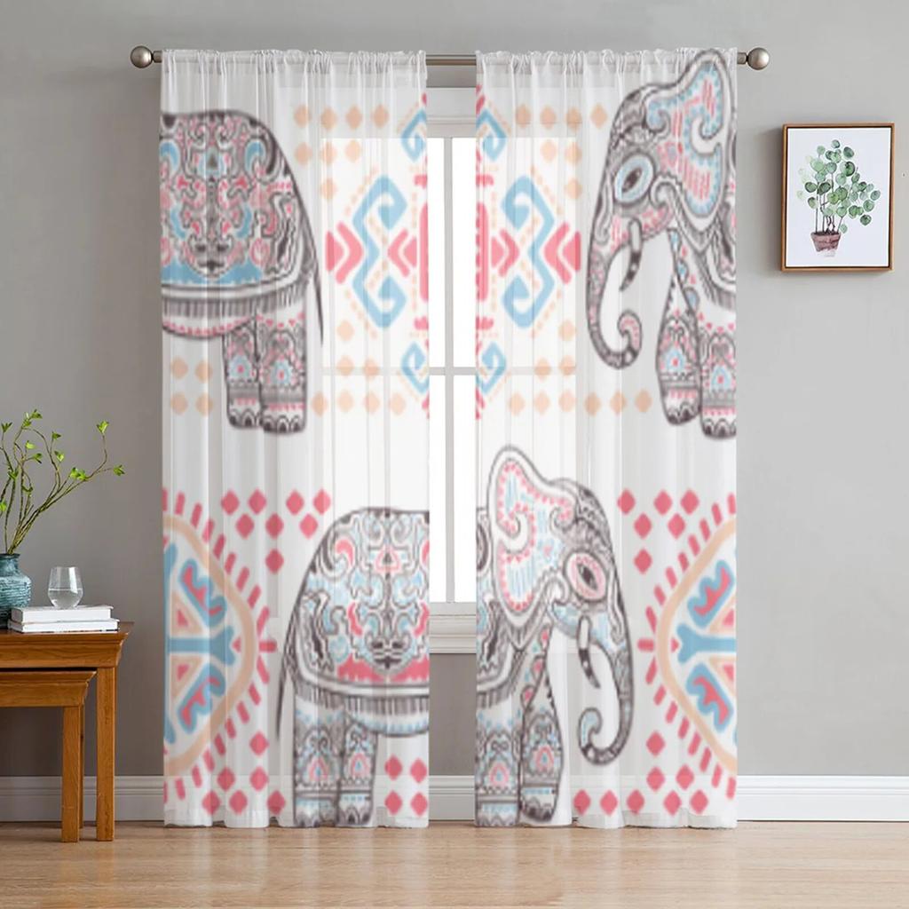 Elephant Hand Drawn Indian Style Sheer Curtains For Bedroom Living Room Tulle Curtains For Kitchen Window Voile Curtains
