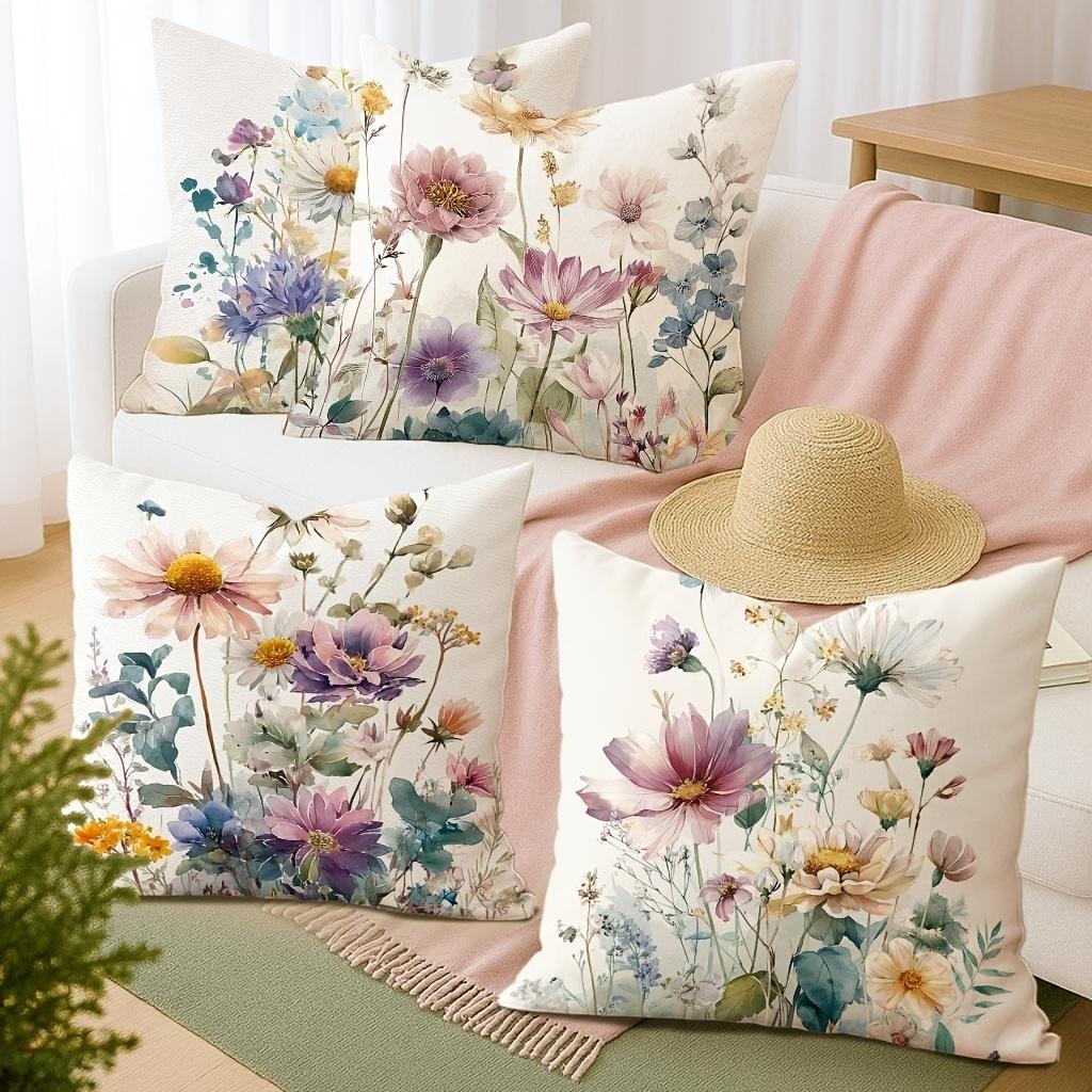 Floral Spring Summer Garden Throw Pillow Covers Pink Purple Green One Sided Decorative Pillowcase Living Room Bedroom Sofa Decor