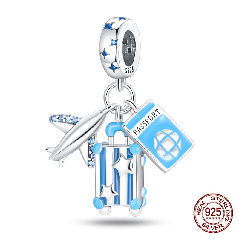 Authentic Original 100% Copper Metal Luggage Airplane Passport Summer Travel Charm Bead Components Compatible With Authentic Original Bracelet High