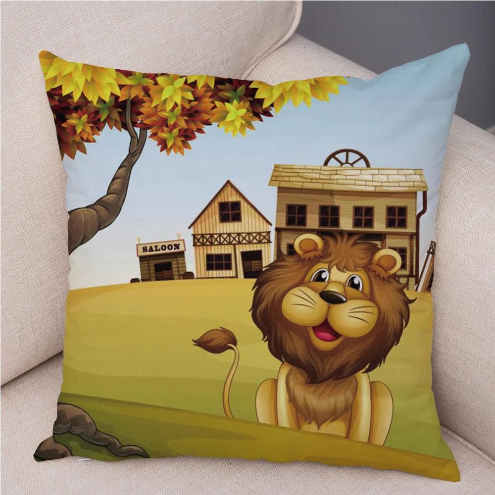 Short Plush 45*45 cm Cute Lion Pillow Case Cartoon Animal Square Cushion Cover for Sofa Home Decorative Printed Throw Pillowcase