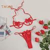 2 Pcs/Set Women Underwear Set Bow Decor Hollow Out Three-point Lace-up Halter Neck Honeymoon Bedroom Bra G-string Set High Waist Revealing Thong