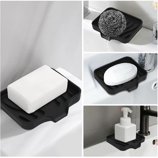 2 Pack Silicone Soap Dish with Drain, Bar Soap Holder for Shower,Bathroom and Kitchen Sink Organizer,Self Draining Waterfall Soap Tray (Black)