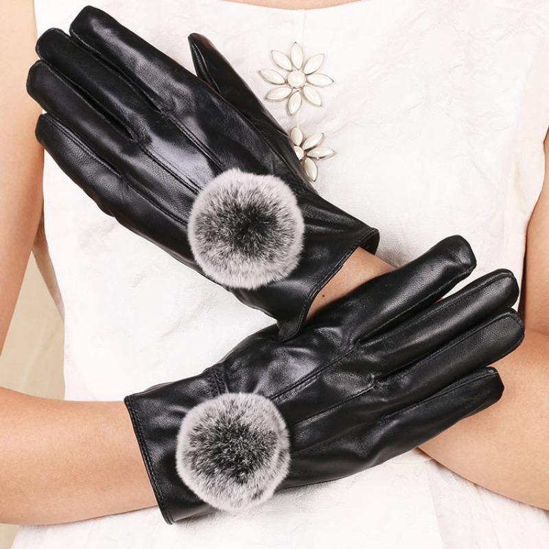 New Autumn and Winter Women's Sheepskin Gloves, Velvet Warm Leather Rex Rabbit Hairball Riding and Driving Leather Gloves