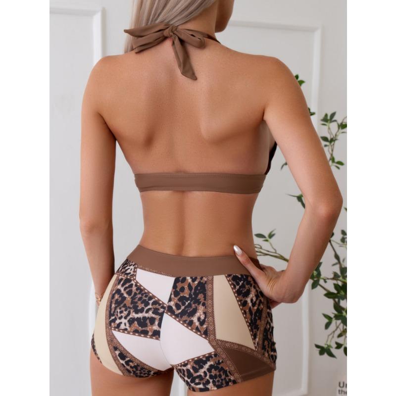 Swimsuit split two-piece leopard print stitching sexy brown seaside vacation bikini set with cross straps