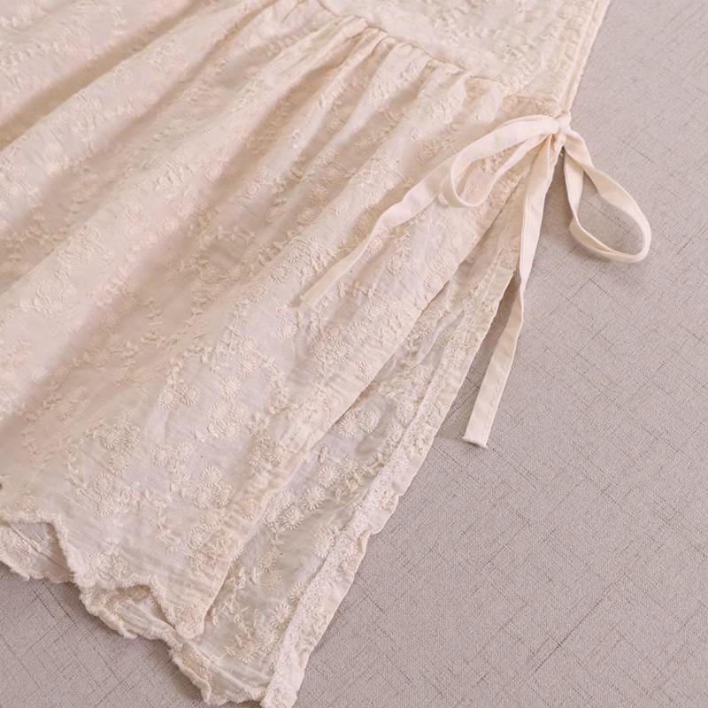 Sweet Mori Style Cotton Linen Embroidered Vest with Side Slit and Tie-Up Design