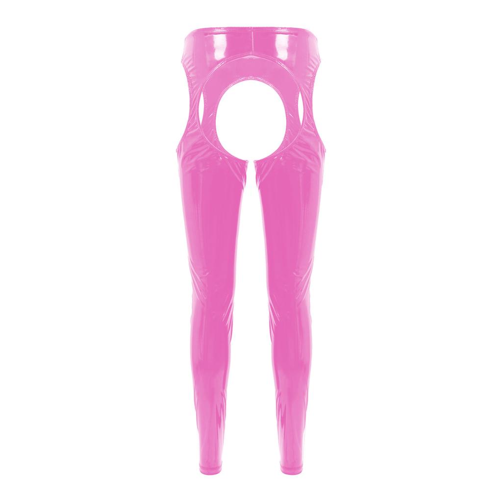 Women Cut Put Underpants Wet Look Thigh-High Tights Suspender Pants Leggings Shiny Leather Long Trousers Club StagePerformance
