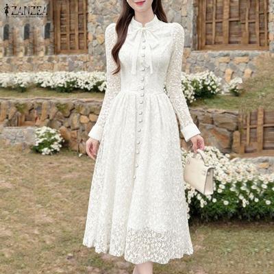 Robe Décontractée Élégante pour Femme avec Patchwork en Dentelle et Col Montant à Manches Longues