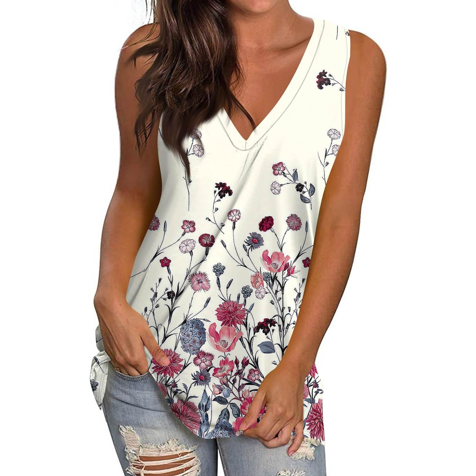 

Женская повседневная мода V-образный вырез без рукавов пуловер топ принтованный жилет футболка M розовый