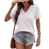 2026 Women's Casual V-neck Short-Sleeved Waffle Knit Top with Lace Patchwork
