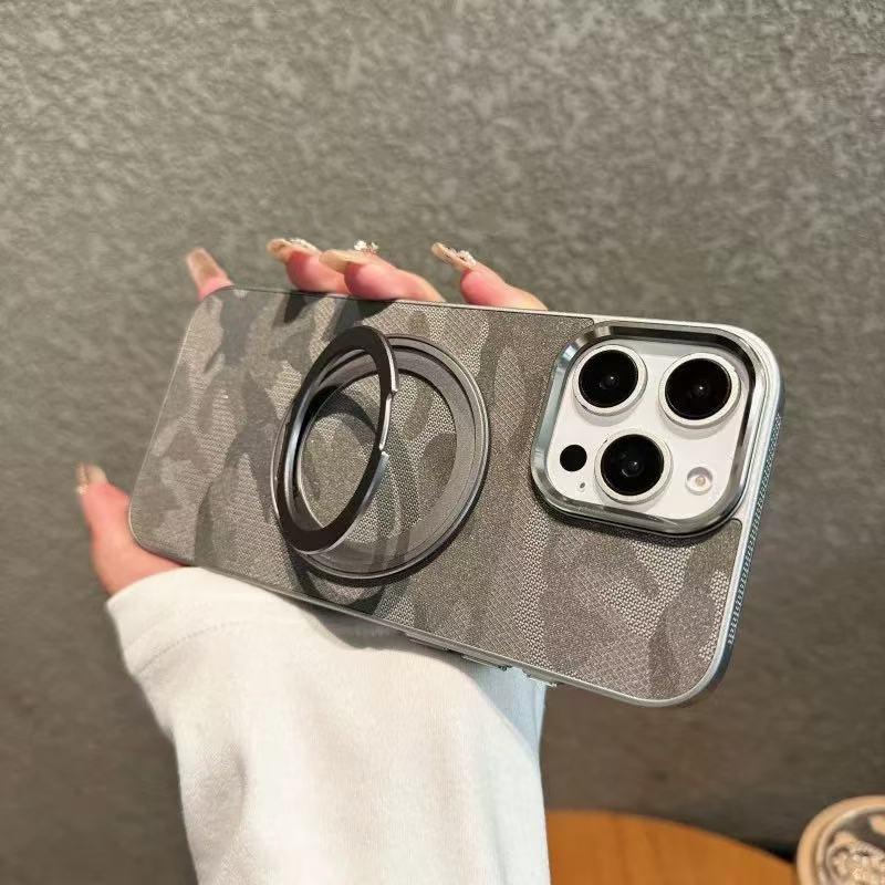 Luxury Camouflage Leather Cooling Frame Magnetic Stand Phone Case iPhone 16 15 14 13 12 Pro Max 11 Plated Shock-protected Rear Cover