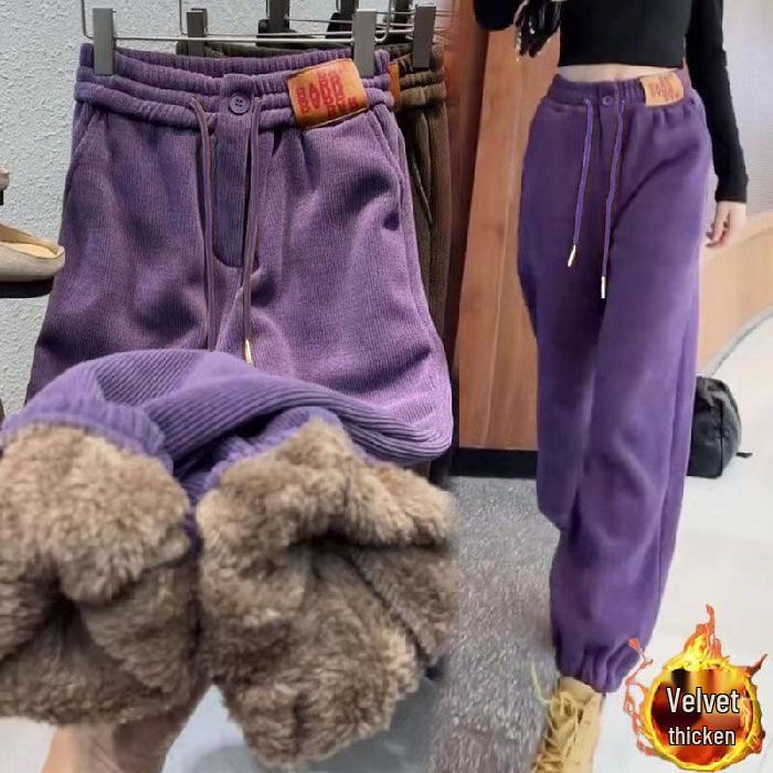 

Women s Plus Size Corduroy Fleece-Lined Harem Pants - Autumn/Winter Casual Tapered Cuff Style 2XL (130-145 Jin)