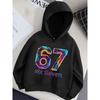 Spring Autumn Trend Dazzle Color Men's Holding Number 67 Print Hoodies Personality Graffiti Loose Casual Women's Hooded Top