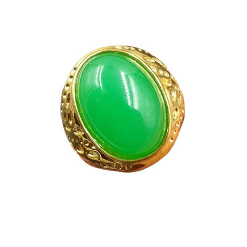 Emerald Green Jade Ring with Gold Setting - Large Egg-Shaped Finger Ring