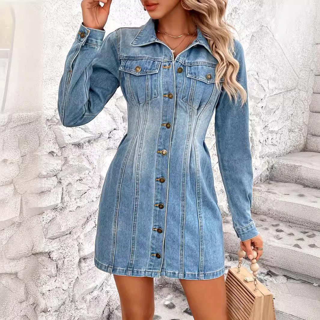 

European and American Retro Waist-Cinching Slim Denim Dress Small