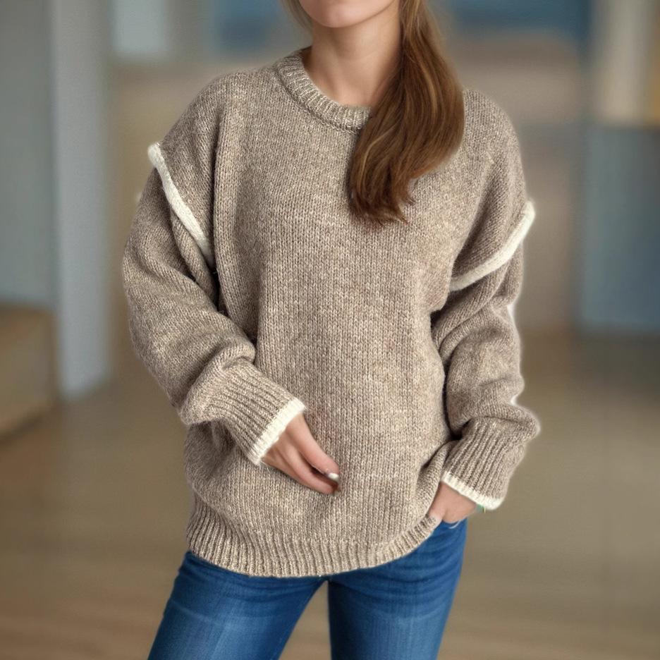 Autumn and Winter New Product Splicing Casual Women's Sweater Lazy Style Round Neck Loose and Versatile Thick Warm Hoodie 3599