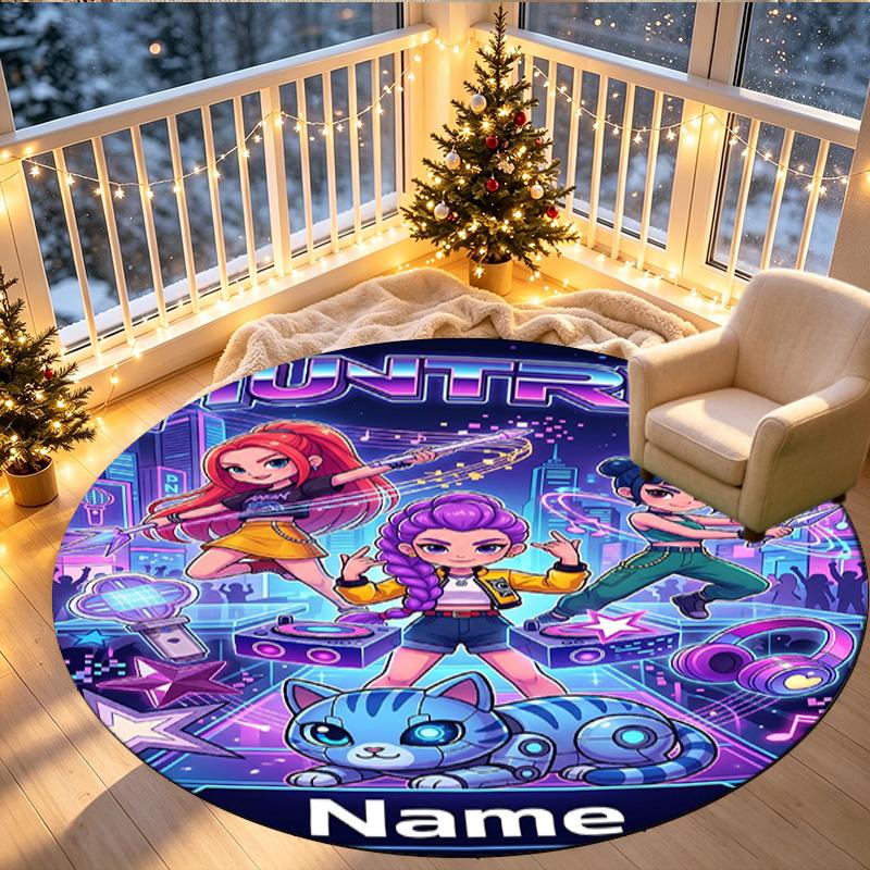 Benutzerdefinierter Name Personalisierter Kpop Dämonenjäger Druck Runder Teppich, Vielseitiger Heimdekorations Teppich, für Spielzimmer, Wohnung, Balkon, Eingangsbereich, Flur Geschenk