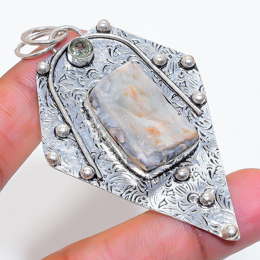 Natural Desert Rose Druzy, Citrine 925 Sterling Silver Pendant 2.96" ZS-816