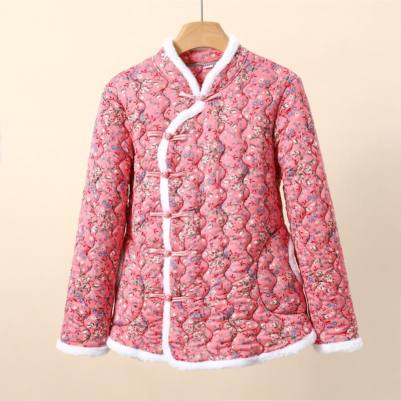 

2024 Женская хлопковая куртка с цветочным принтом в китайском стиле: Плотная модель на пуговицах для осени и зимы 3XL (90–105 jin)