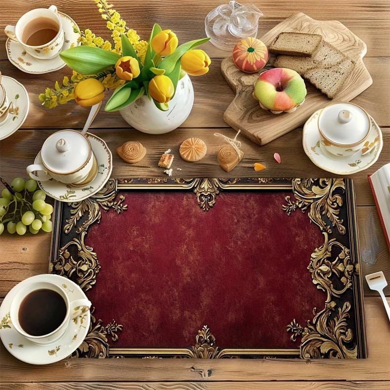 European Retro Palace Style Dining Mat With Wine Red And Gold Desktop Decoration Accessories