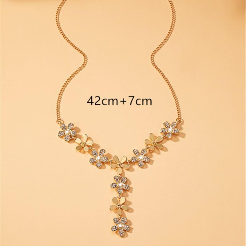 Elegant Floral Double-Row Pendant Necklace Women Full Rhinestone CZ Zinc Alloy Chain 41-50cm Adjustable Party Casual Wear