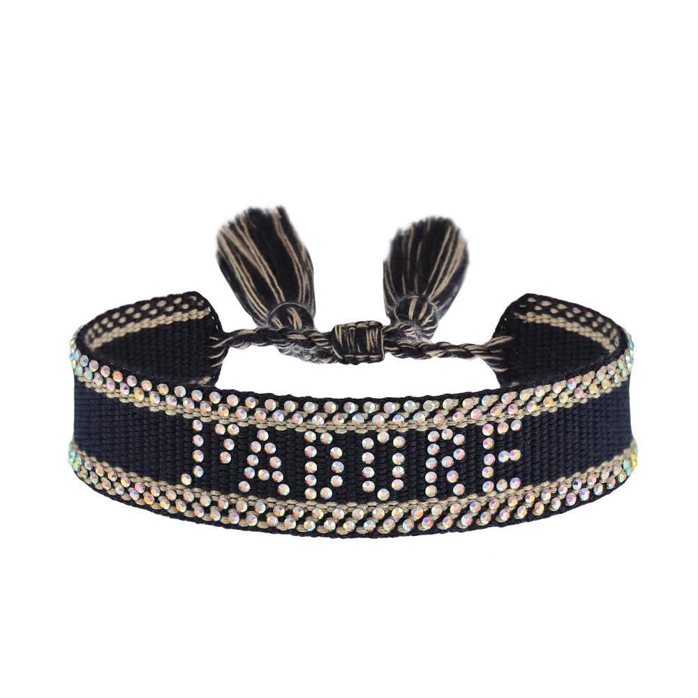 Seven-Color Full Diamond Woven Bracelet with 'JADORE' Letter, Handmade Tassel Chain, Crystal Design for Women