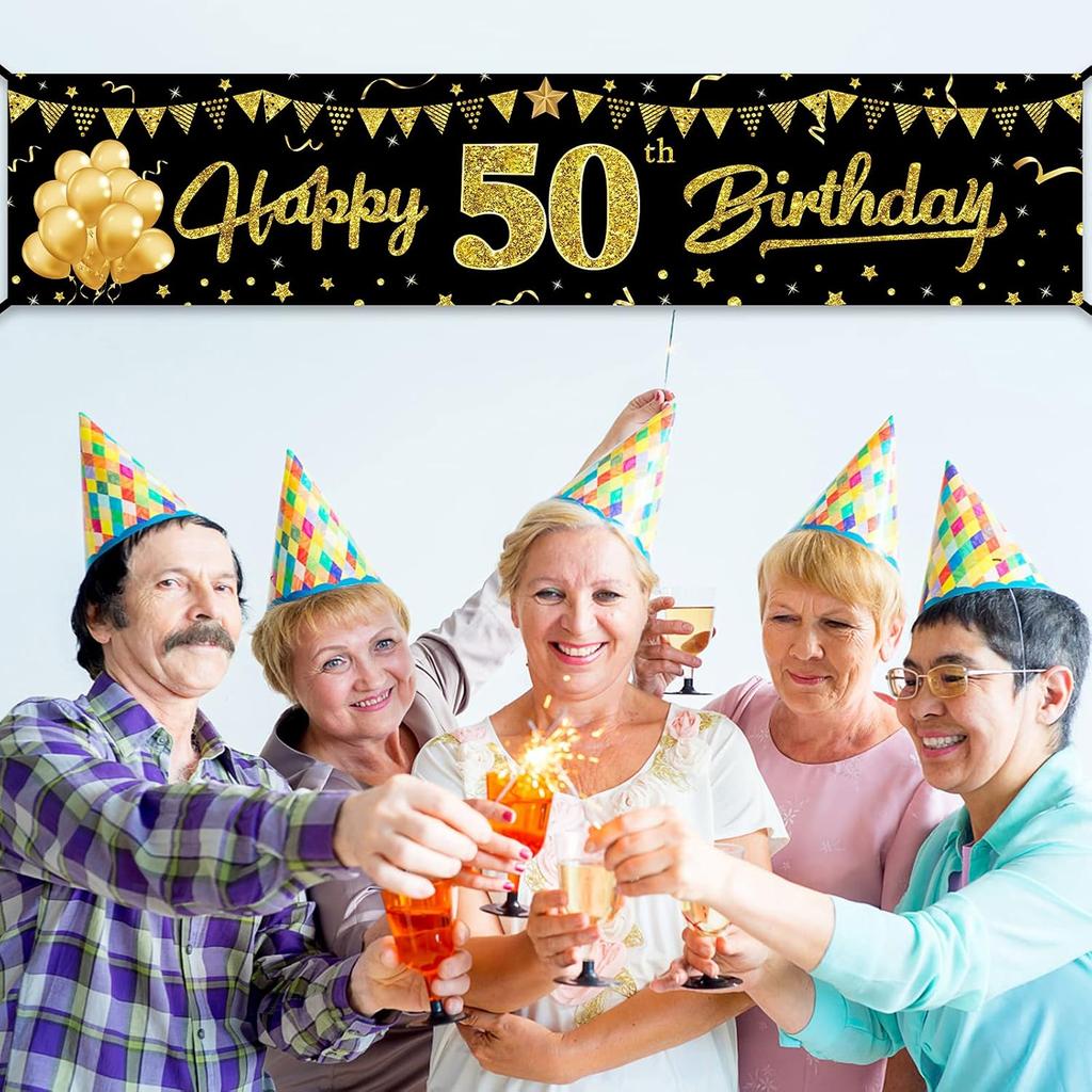 Happy 50th Birthday Banner Decorations, Black Gold 50 Birthday Sign Party Supplies for Men Women, Fifty Birthday Decor Photo Booth Props for Outdoor