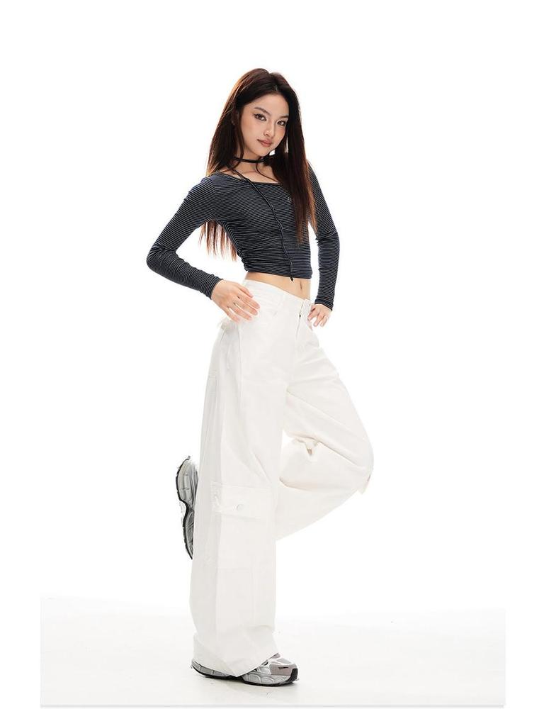 Women's Military Green Wide-Leg Jeans: Autumn Curved Knife Design, Loose Fit, Floor-Length Casual Workwear Pants.