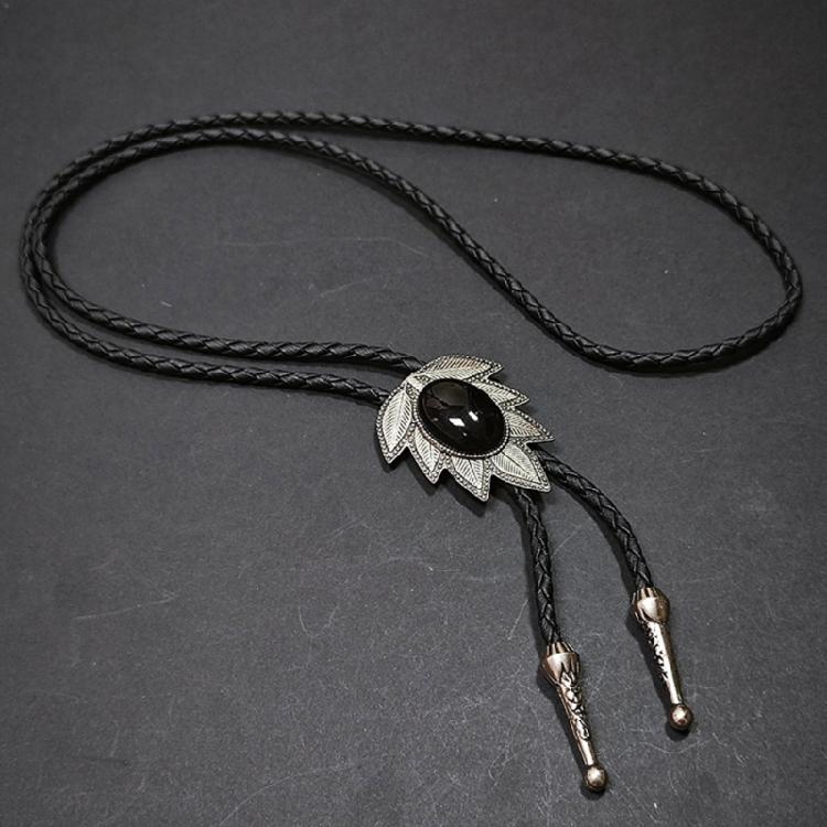 Western Shoestring Necktie Braided Belt Tie Cool Charm Engraved Stone Pendant for Women Men