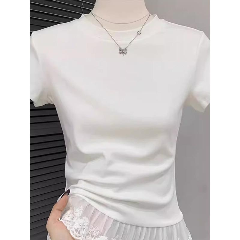 Women Sweet Lace Hem Short Sleeve Slim Fit Solid Casual T Shirt Top