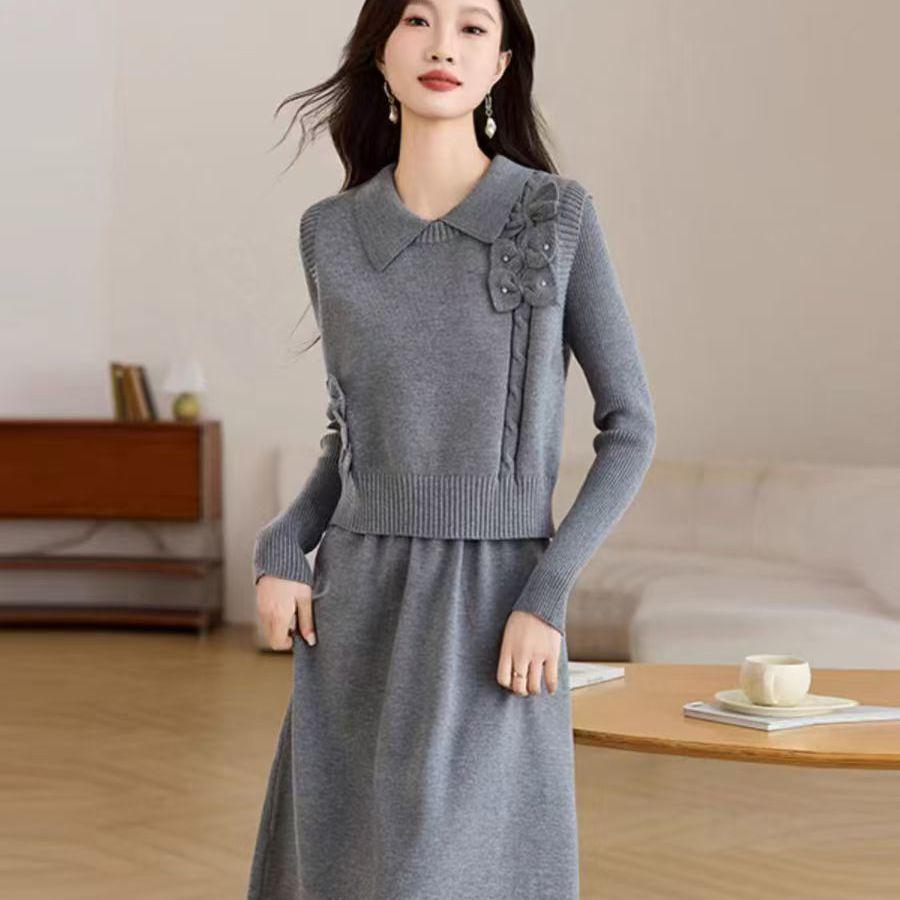Autumn Winter 2025 Women s Knit Vest Skirt Set One Size серый