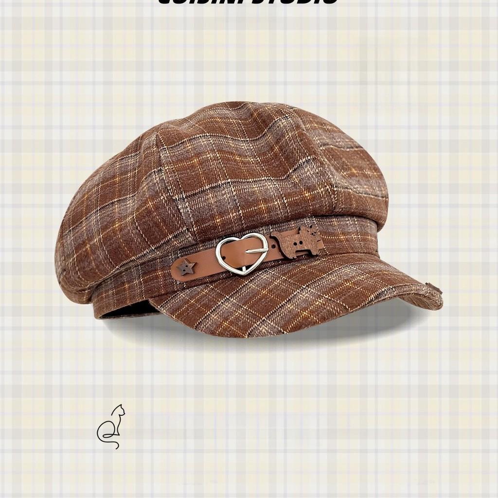 Vintage Καρό Γάτα Καρδιά Πόρπη Ζώνης Καπέλο Newsboy Για Φθινόπωρο Χειμώνα Μόδα