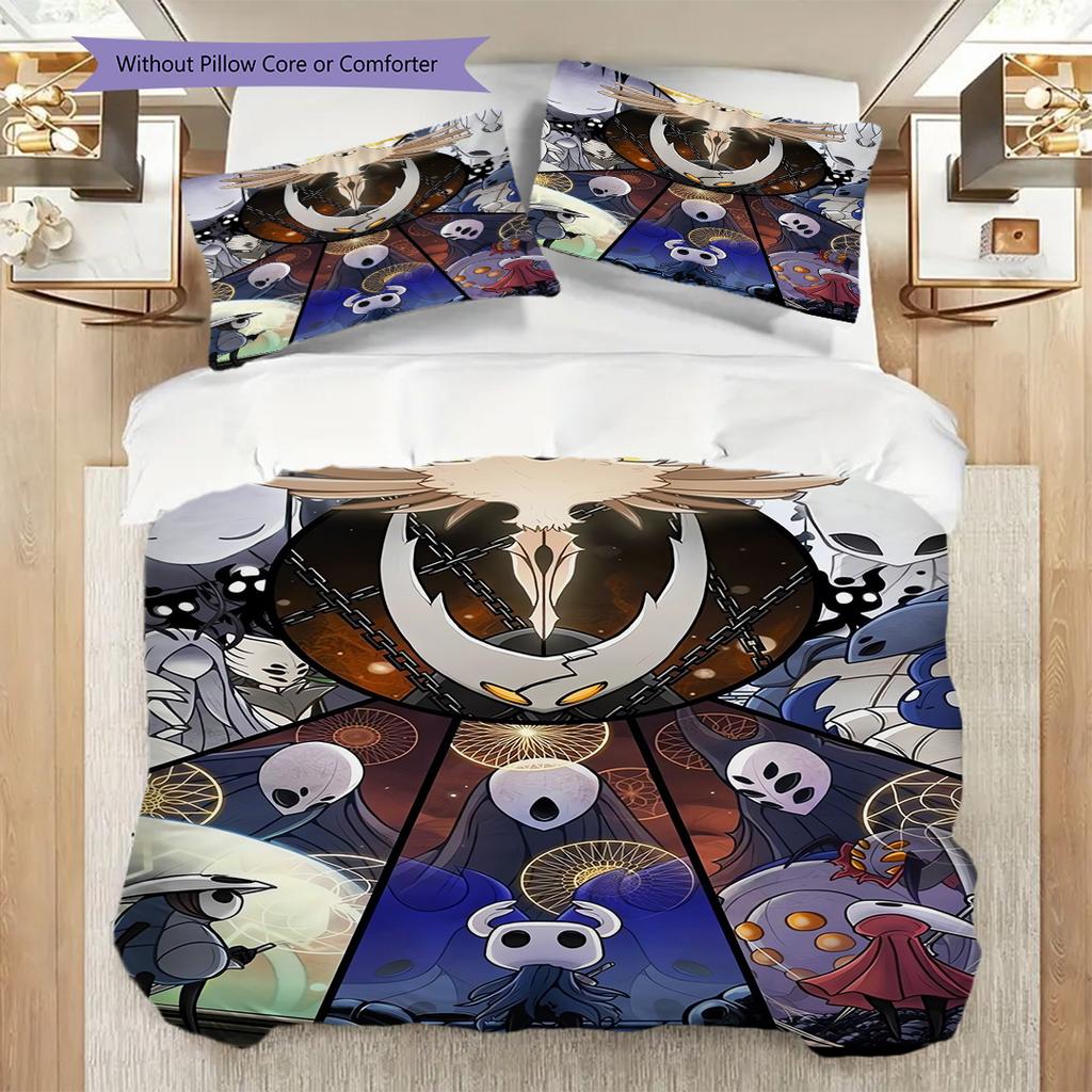 Ropa de cama del Reino de Hollow Knight (1 * funda nórdica + 2 * fundas de almohada, sin núcleo) Juego de cama plano 2D Funda nórdica y funda de almohada Suave y cómodo