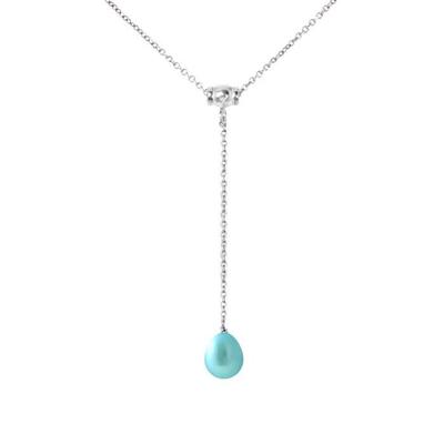 Tie Necklace - - Freshwater Pearl AAA+ 9-10 Mm - Turquoise Blue - 925 Silver