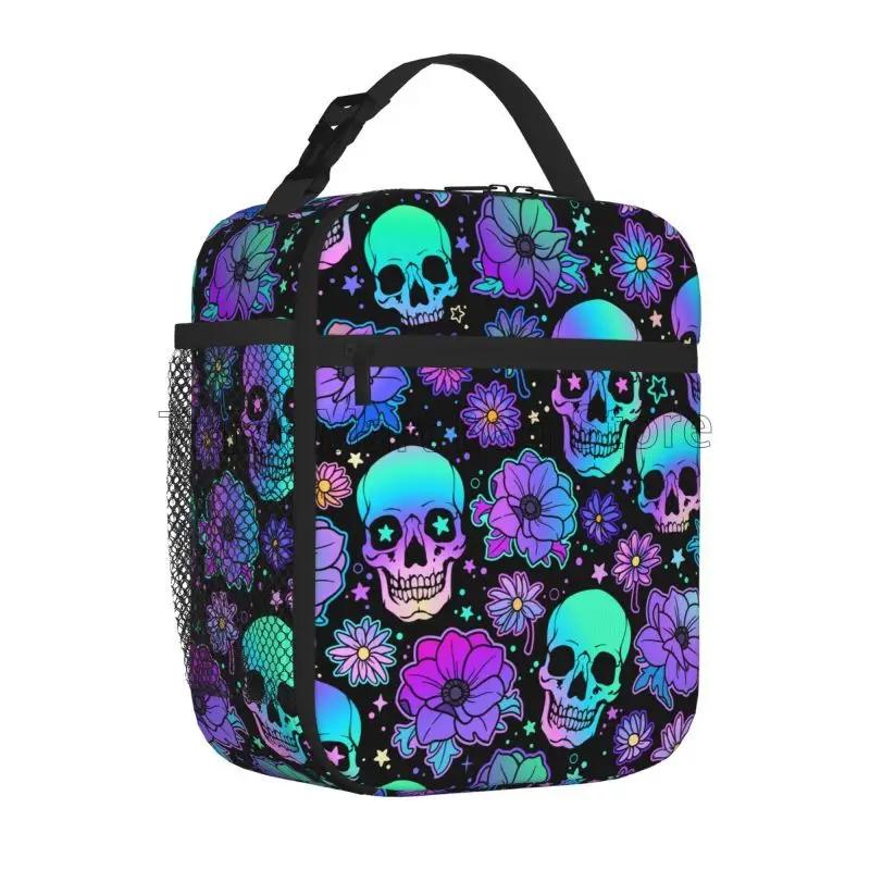 

Flowers and Skulls Print Insulated Lunch Bag Reusable Waterproof Thermal Lunch Box Meal Food Container for Work Travel Picnic