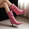 FOREADA Women Patent Leather Mid Calf Boots Pointed Toe Thin High Heels Pleated Ladies Fashion Shoes Autumn Winter Rose Red 46