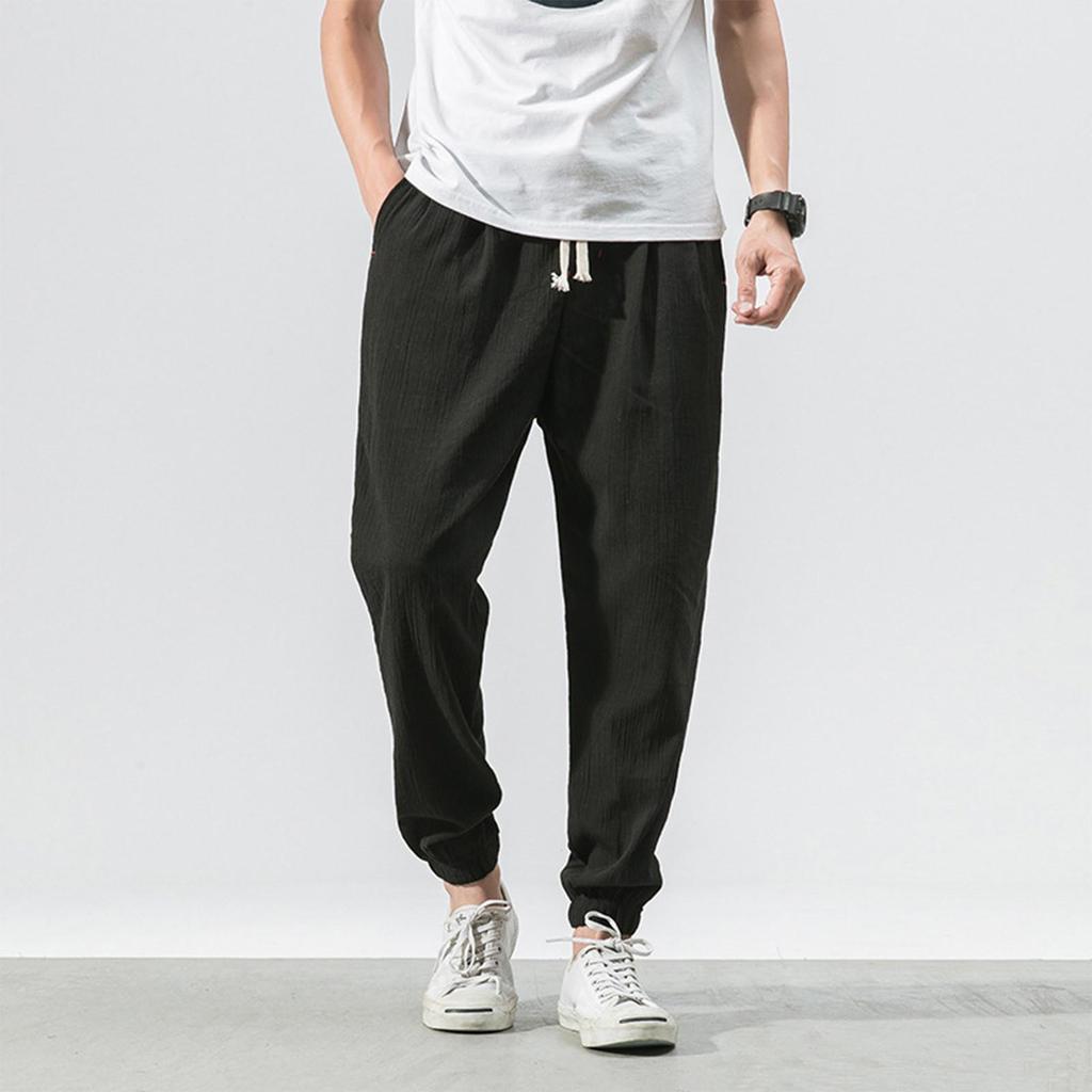 Men's Casual Slim Sports Pants Ankle-Length Linen Trousers Baggy Pants