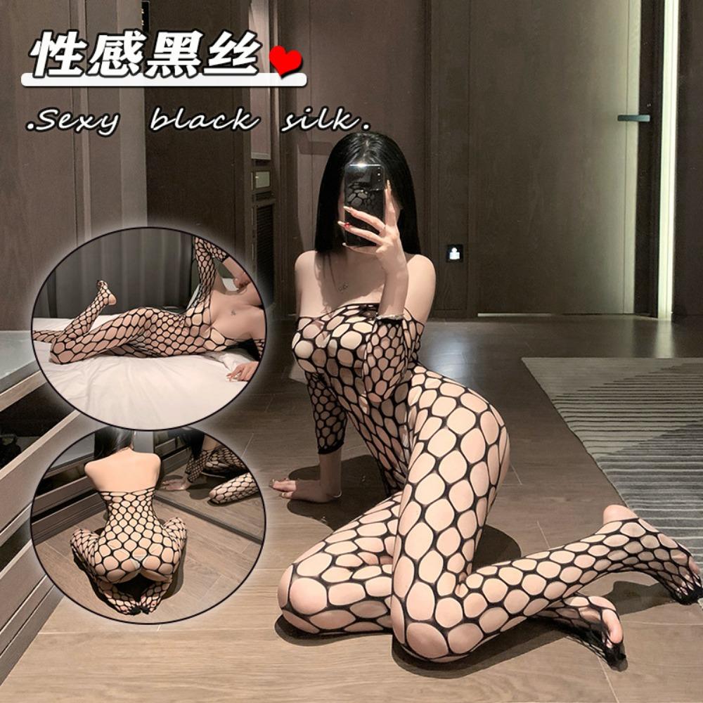 Night Crisp Erotic Underwear, Black Hollowed-out Sexy One-piece Mesh Clothes, Open Large Size, Revealing Breasts, Pure Desire Deep V Mesh Socks 2 Zime
